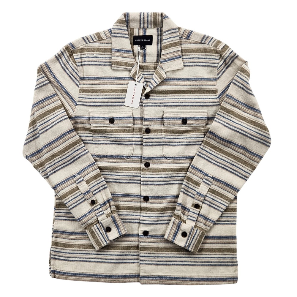 Lucky Brand NWT Mens Small Striped Button-Down Shirt 4NS260 Cream‎ Blue Brown